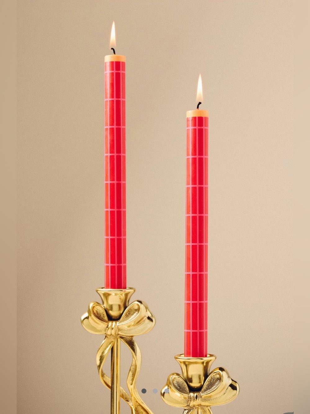 Anthropologie Red Grid Taper Candles with Gold Bow Holders
